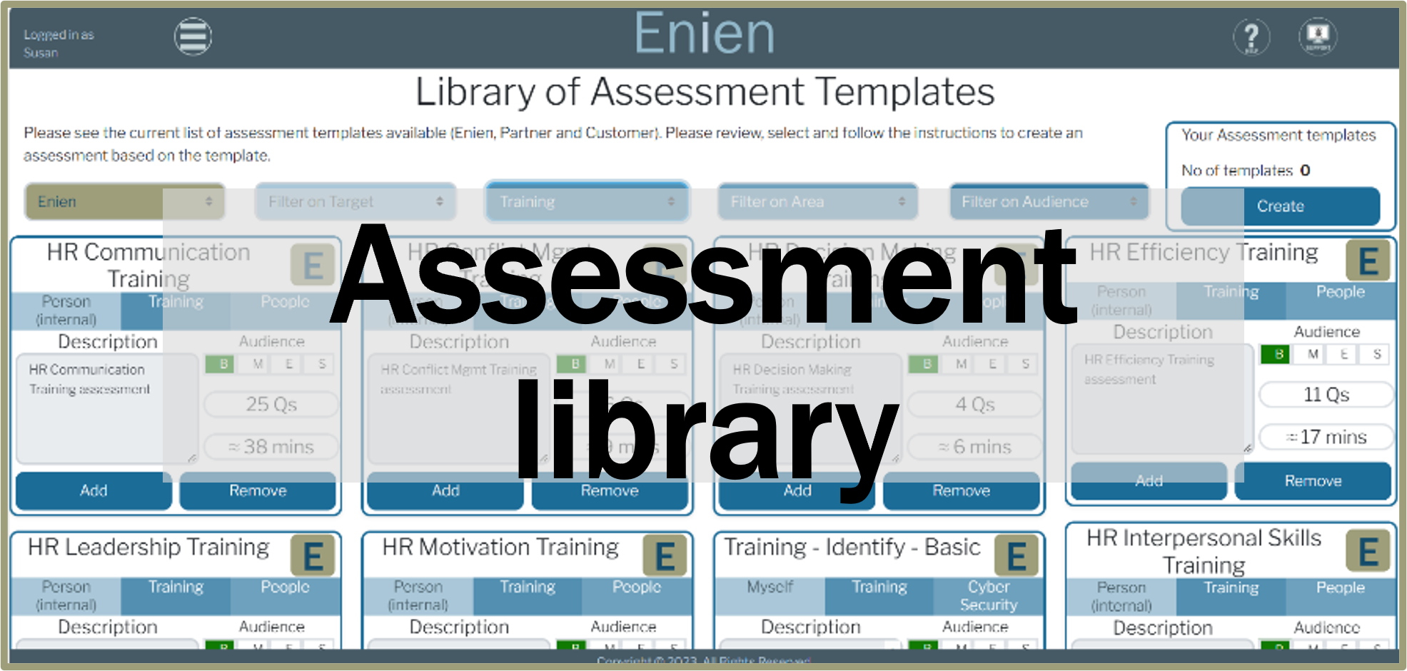 Enien assessment library showing available assessment templates