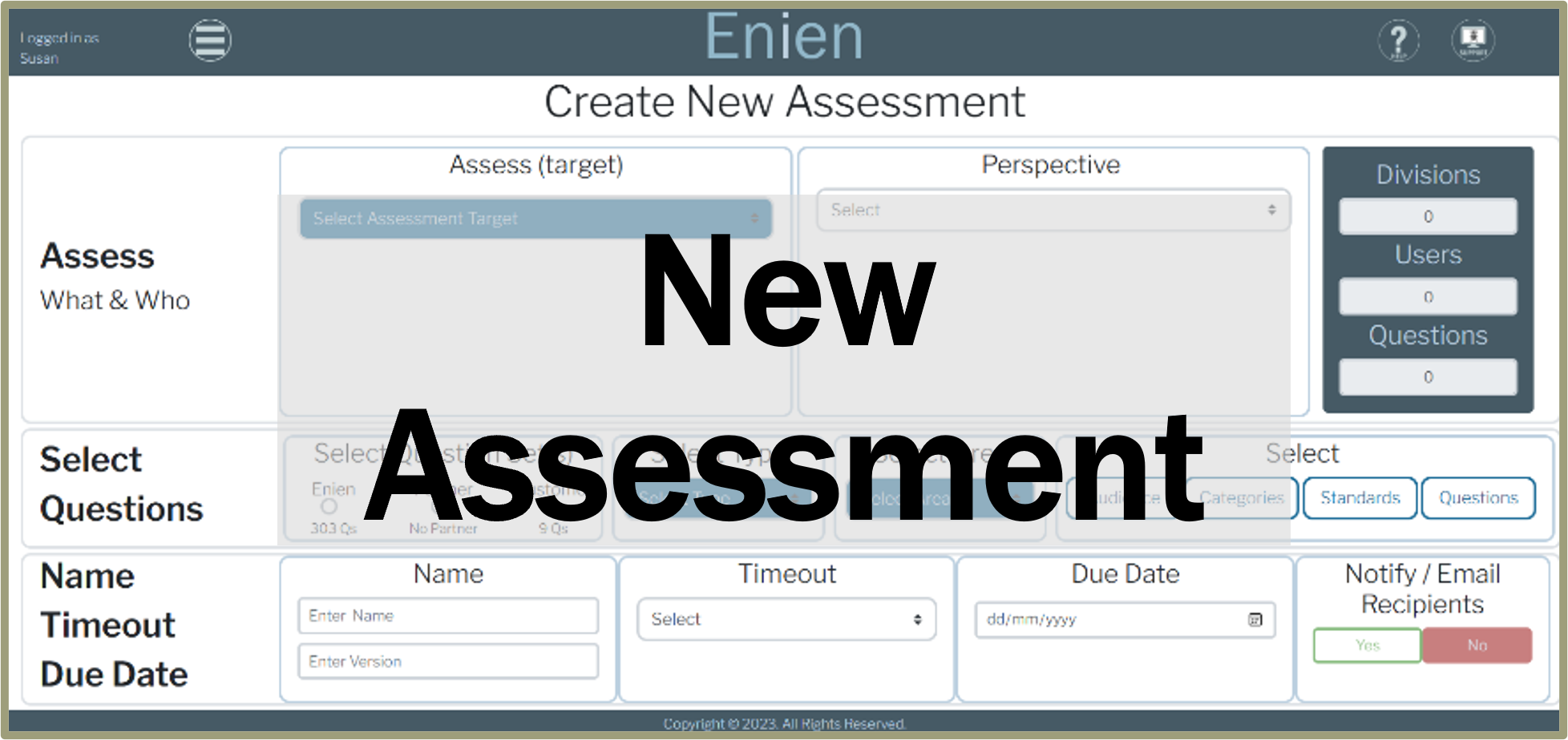 Enien interface screen for creating a new assessment